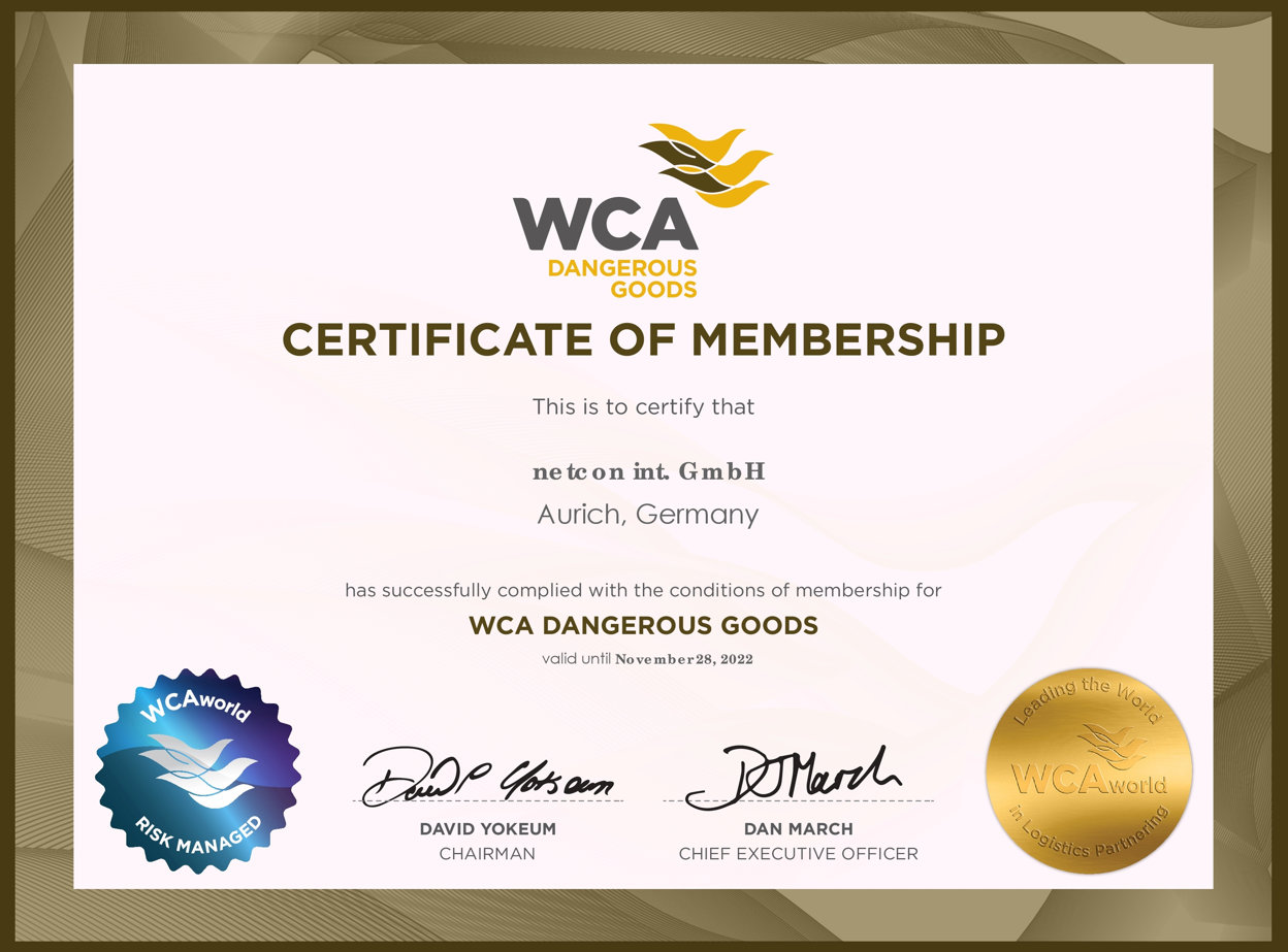 WCA Dangerous Goods Membership Certificate